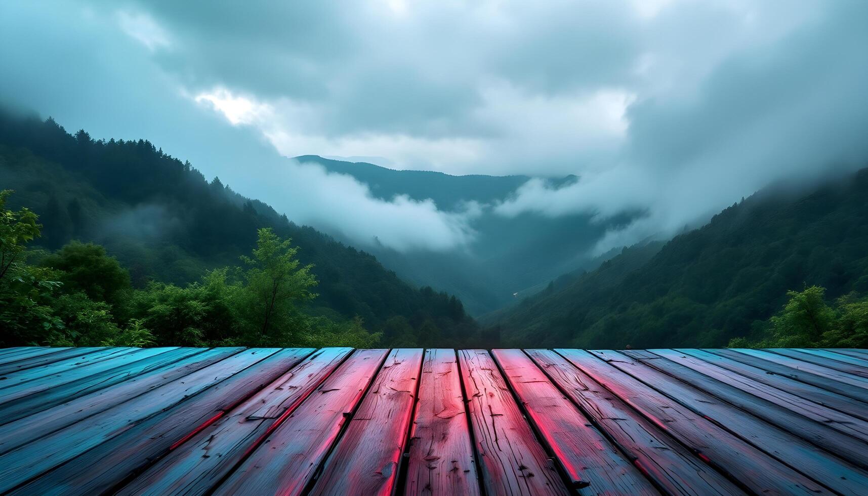 Wooden floor in the mountains with clouds and fog photo