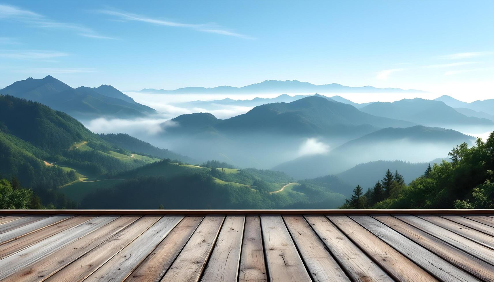 Wooden floor with mountains and fog in the background photo