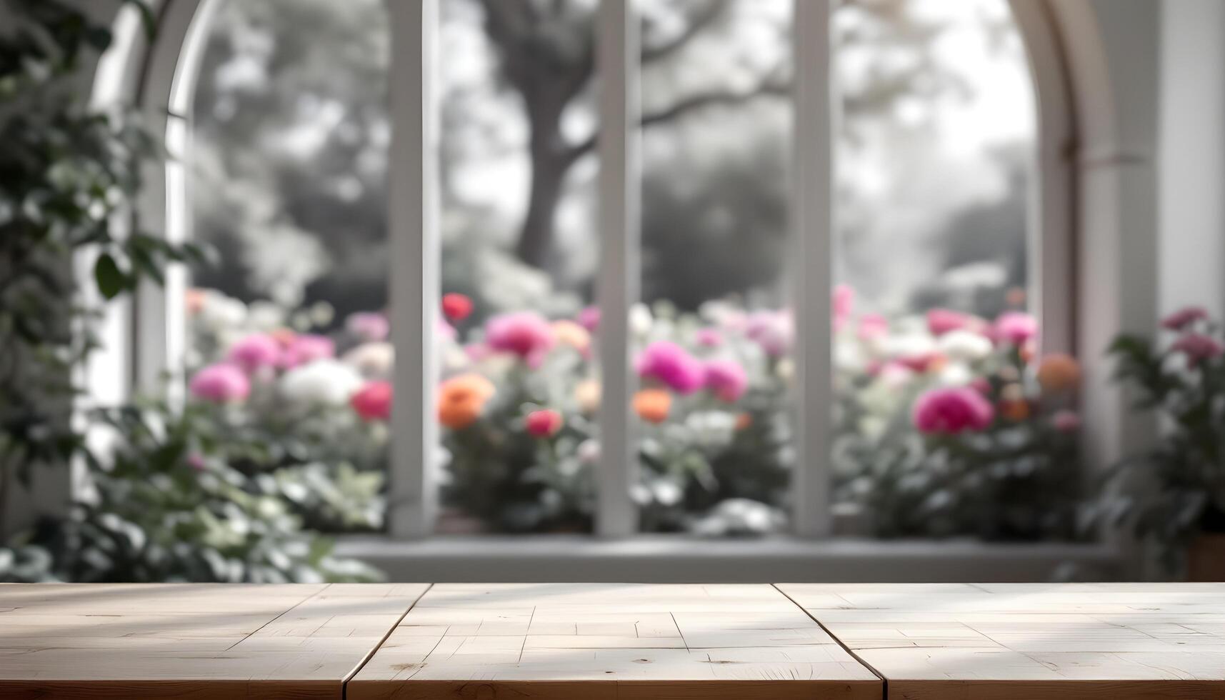 Table top in front of a window with flowers photo