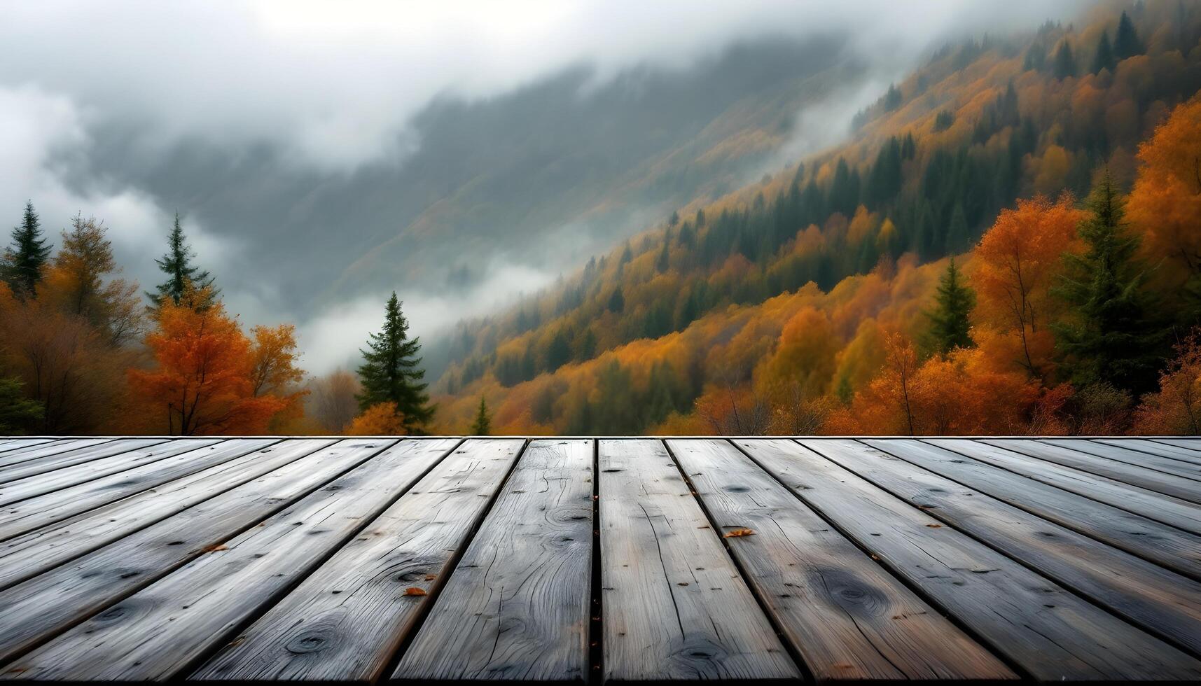 Wooden floor in autumn forest photo
