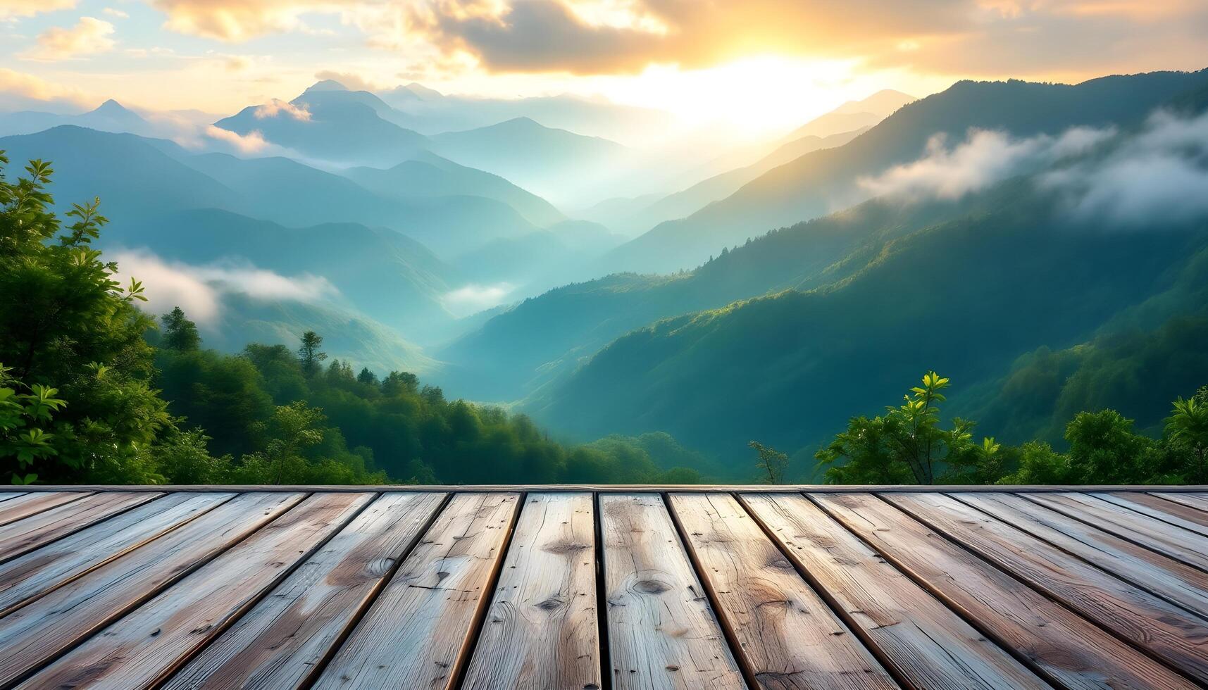 Wooden deck overlooking the mountains at sunrise photo