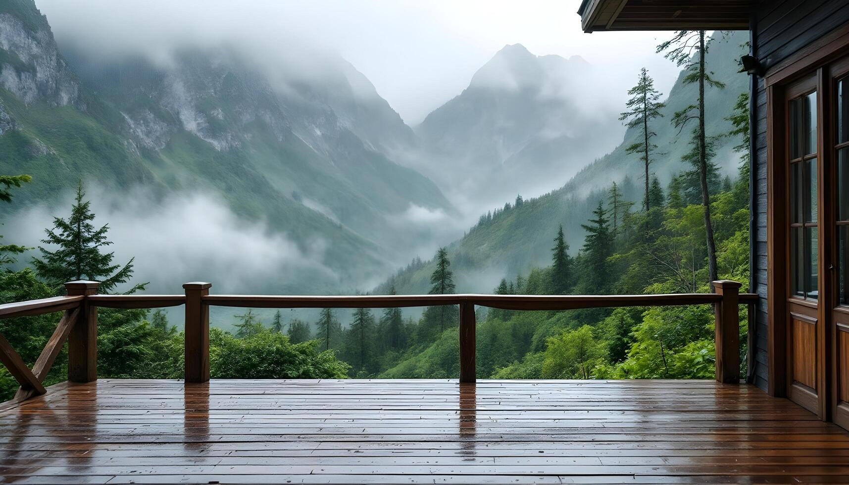 Wooden deck overlooking a mountain valley with fog photo
