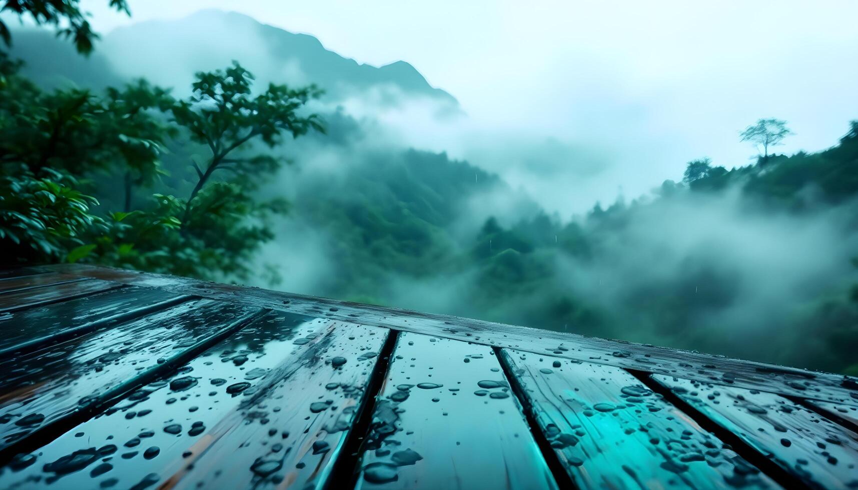 Rainy forest with wooden deck and misty mountains photo