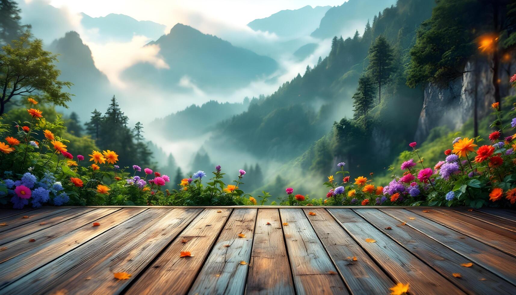Wooden floor with flowers and mountains in the background photo