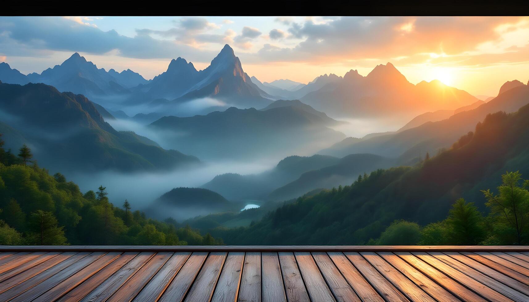 A wooden deck overlooking the mountains at sunset photo