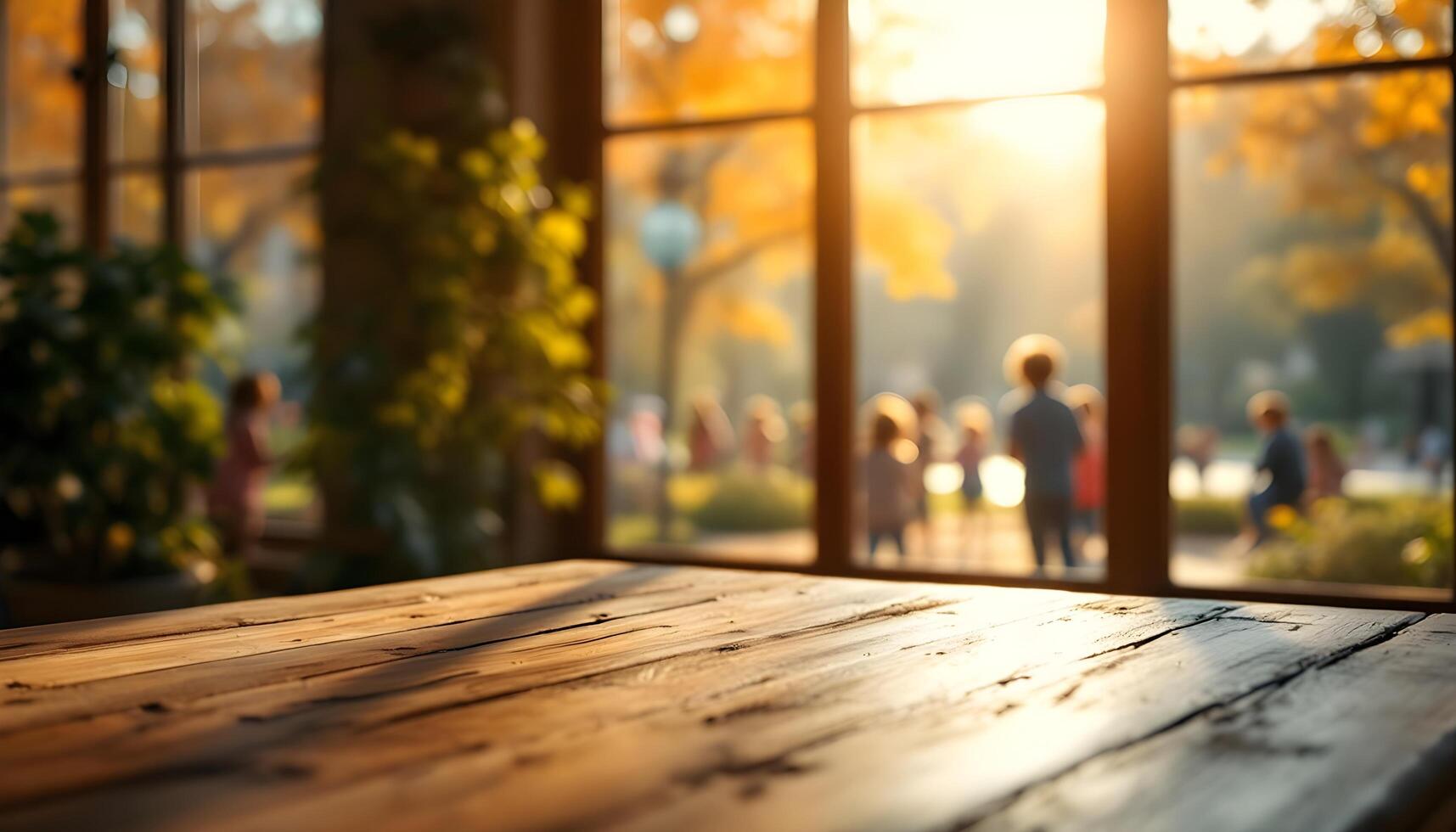 An empty table in front of a window with people outside photo
