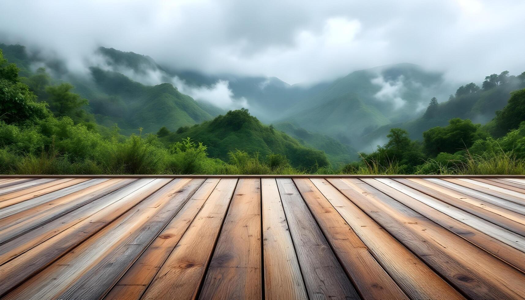 Wooden floor with mountains in the background photo