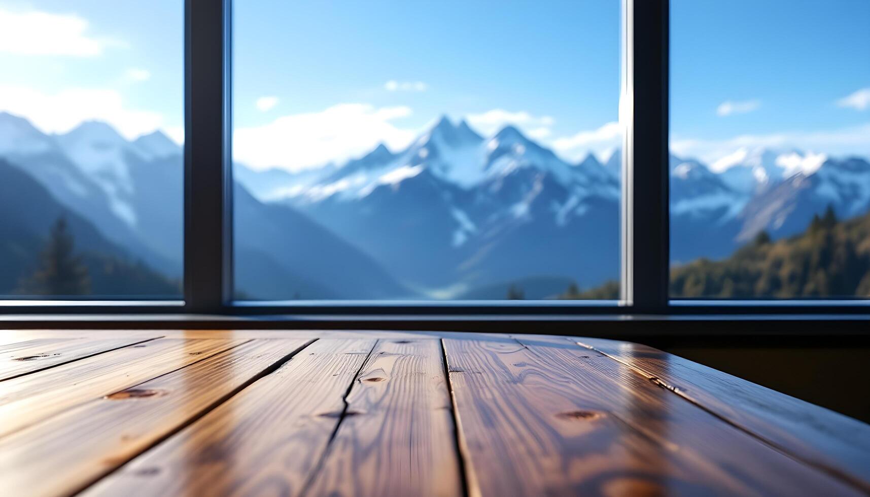 Wooden table in front of a window with mountains in the background photo