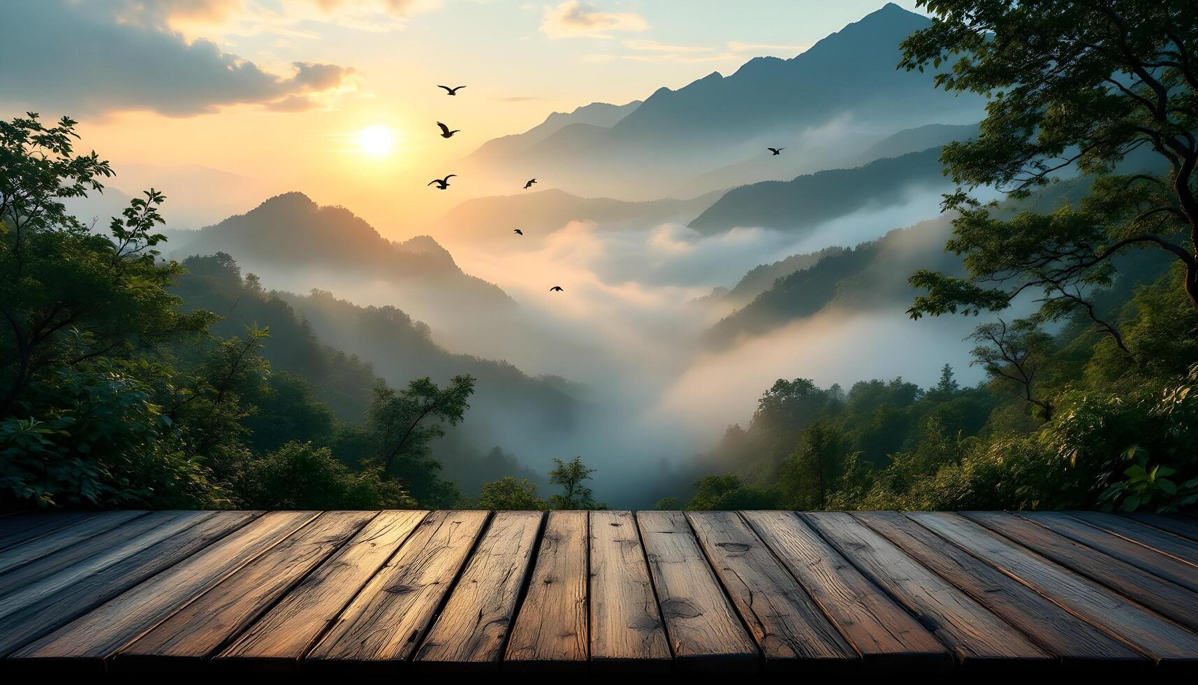 Wooden deck with mountains and birds in the sky photo