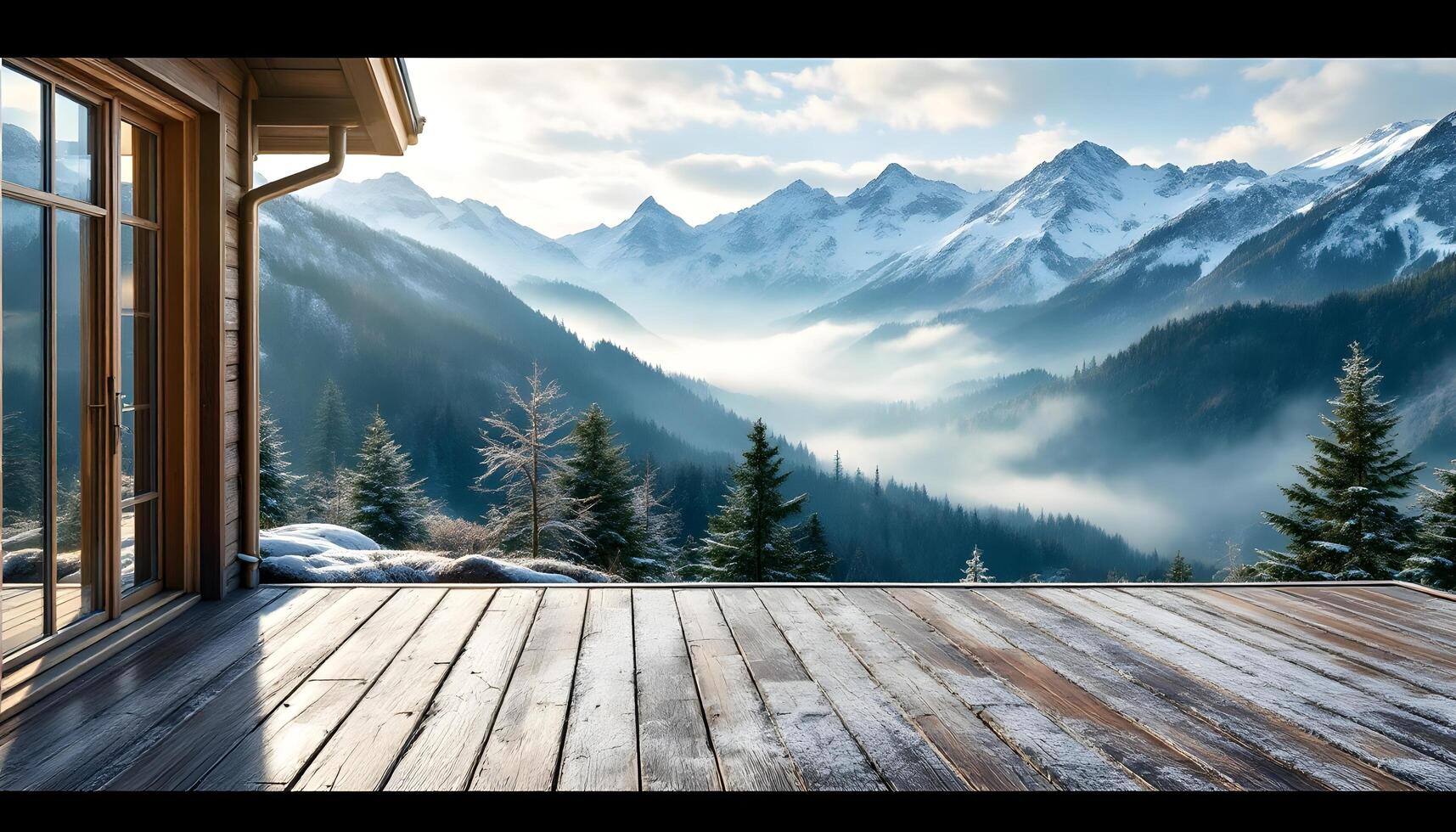 A wooden deck overlooking the mountains photo