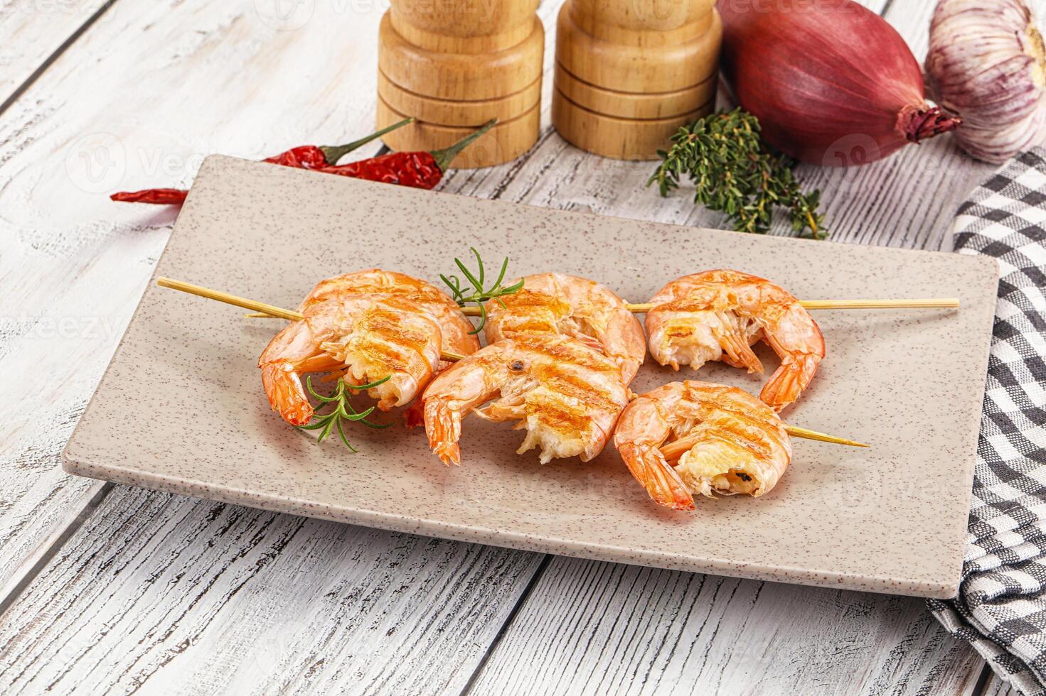 Grilled king prawn skewer snack photo