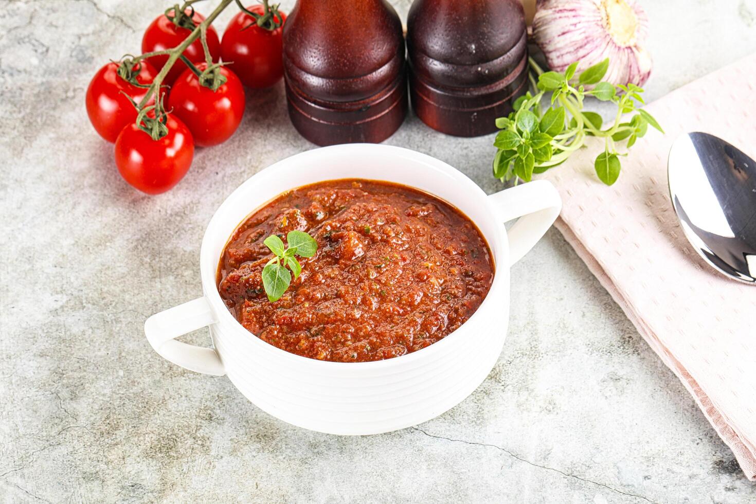 Spanish traditional gazpacho tomato soup photo