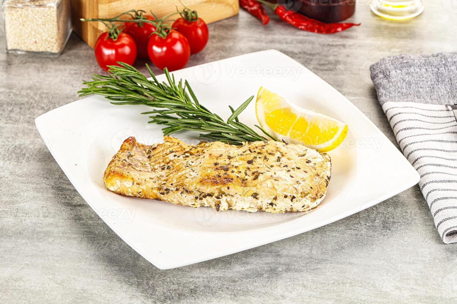 Baked salmon fish served rosemary photo