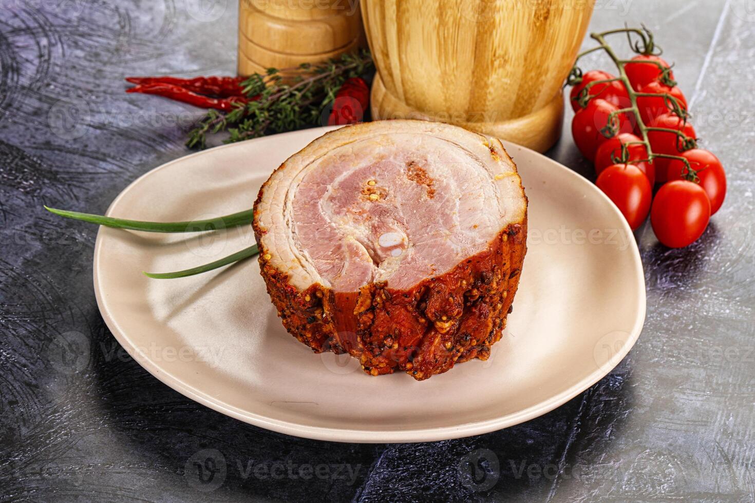 Tasty and fat smoked pork belly photo