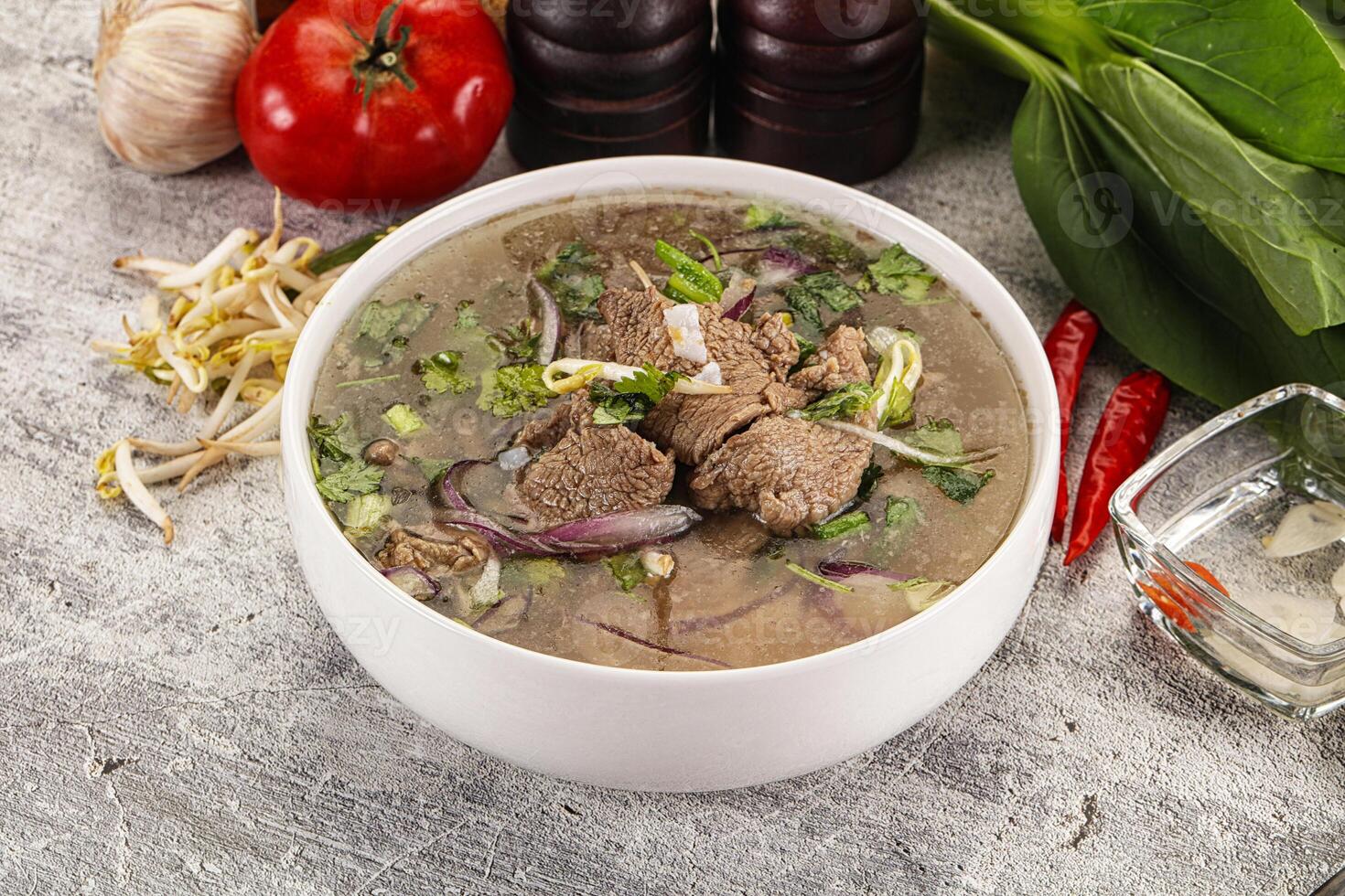 Vietnamese cuisine - Pho Bo soup with beef photo