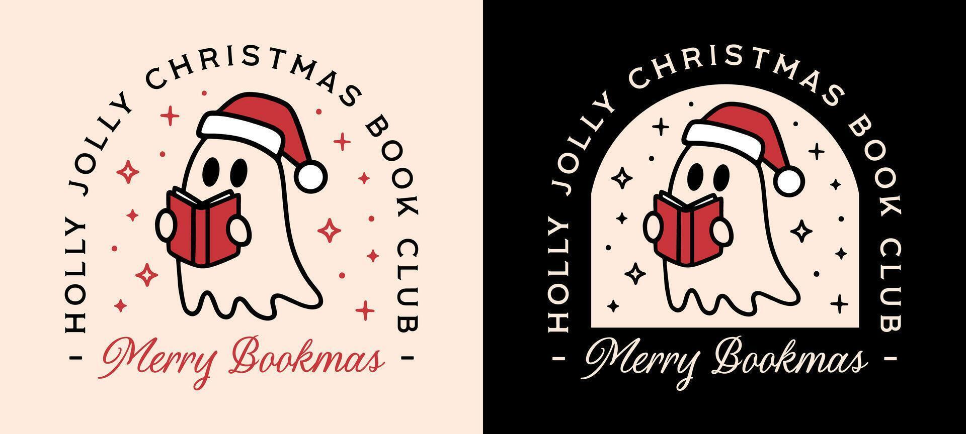 Christmas book club cute ghost reading books lover holly jolly bookish merry bookmas greeting card shirt design retro preppy xmas aesthetic funny quotes cute file vector