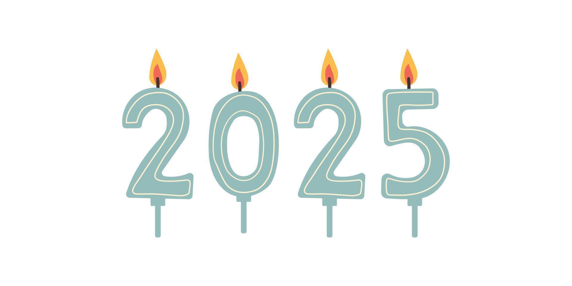2025 New Year and Merry Christmas holiday party celebrating, greeting card illustration. Hand drawn flat style, 2025 candle numbers with fire, candlelight decor on white background vector