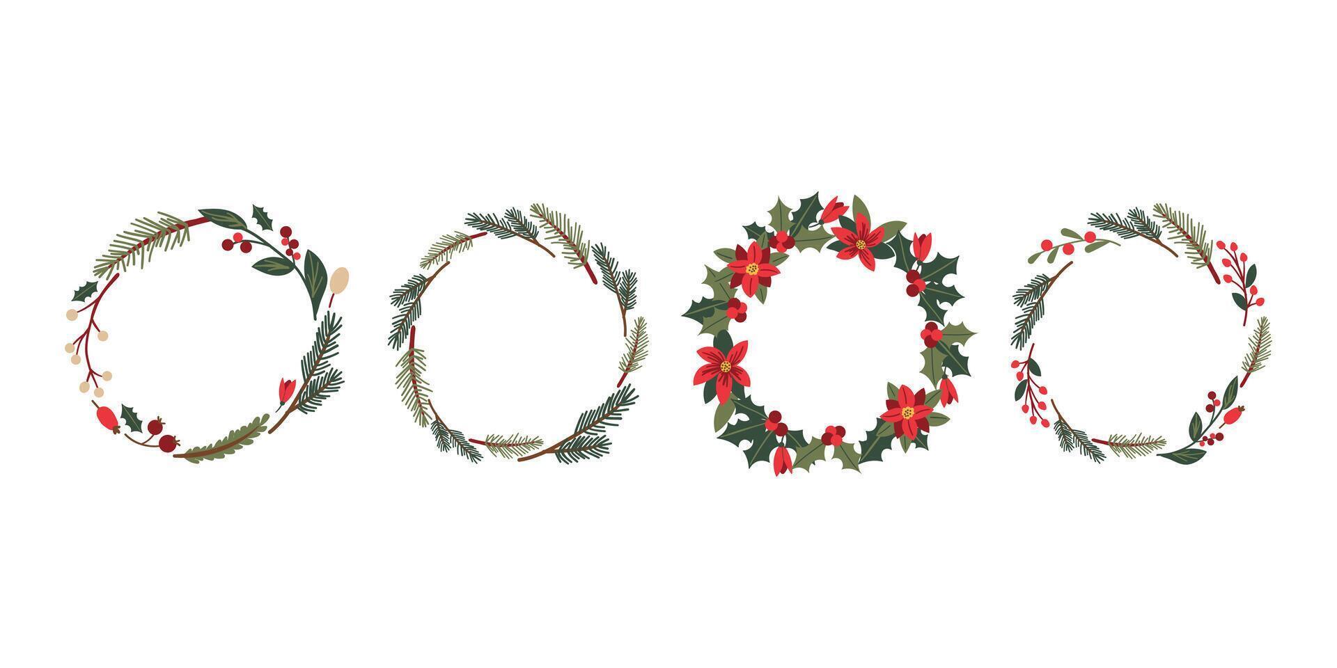 Set of Christmas wreath of holly with red berries. Green leaf with a greeting Merry Christmas. New Year holiday celebration in December. Hand drawn cozy winter elements isolate on white. vector