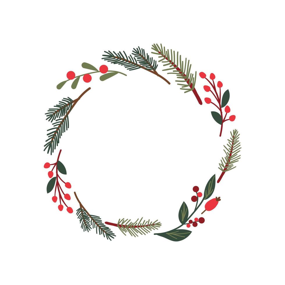 Green leaf with a greeting Merry Christmas. Christmas wreath of holly with red berries. New Year holiday celebration in December. Hand drawn cozy winter elements isolate on white. vector
