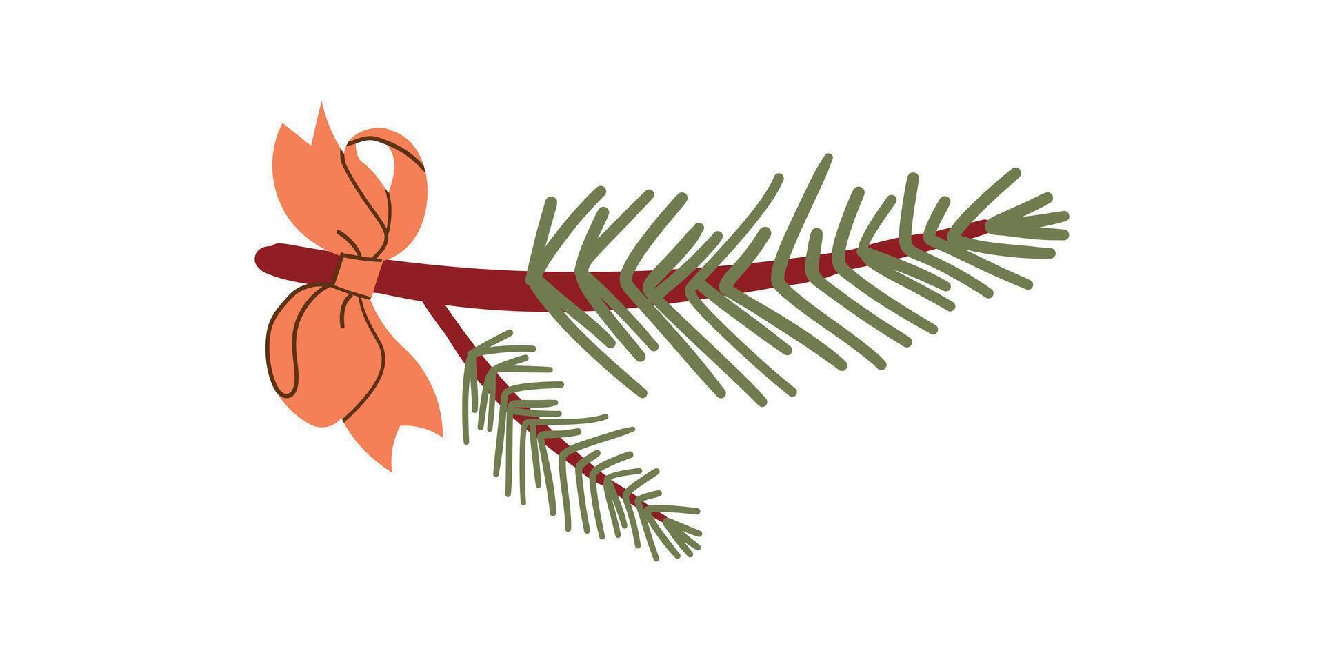 Flat illustration Pine tree branch with bow. Fir twigs with green needles isolated on white background. Winter holiday evergreen decoration, spruce or cedar elements, vector