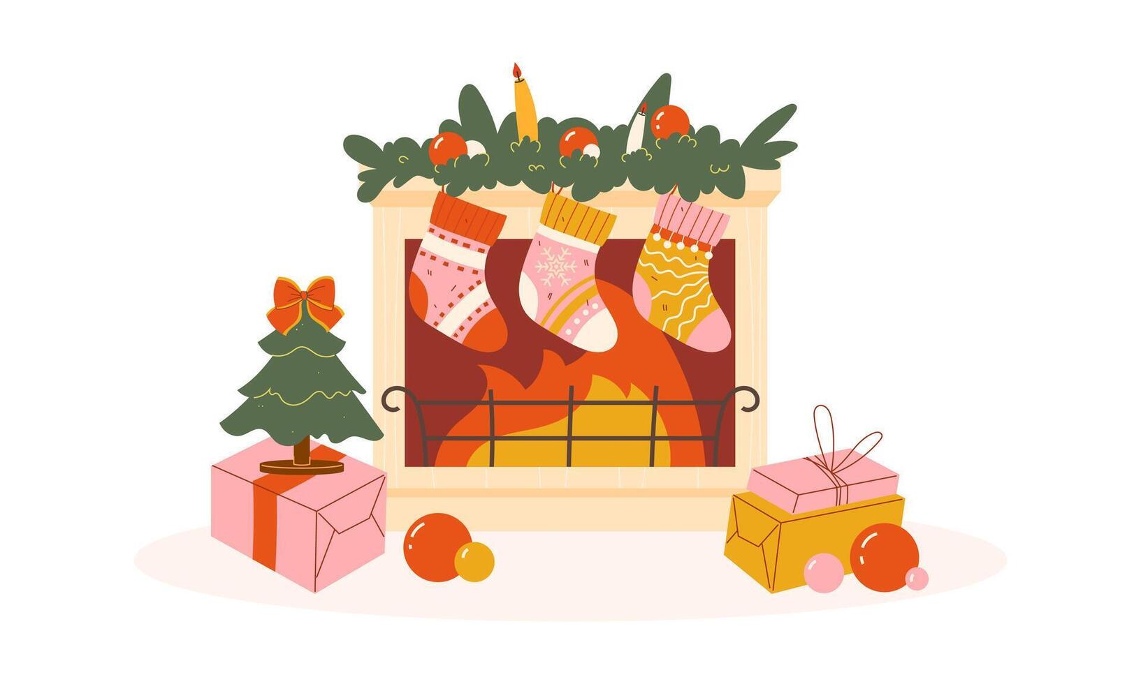 Christmas banner with fireplace and presents vector