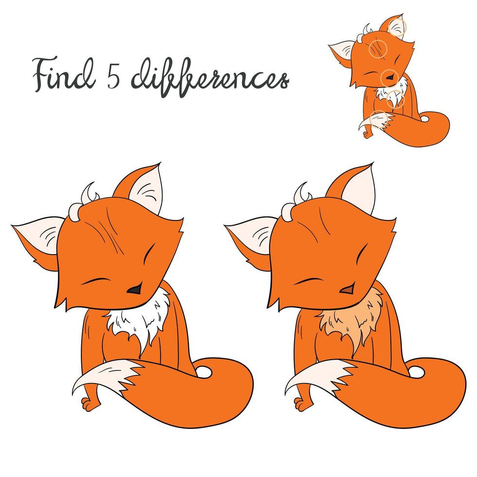 Find differences kids layout for game fox doodle cartoon hand drawn illustration vector