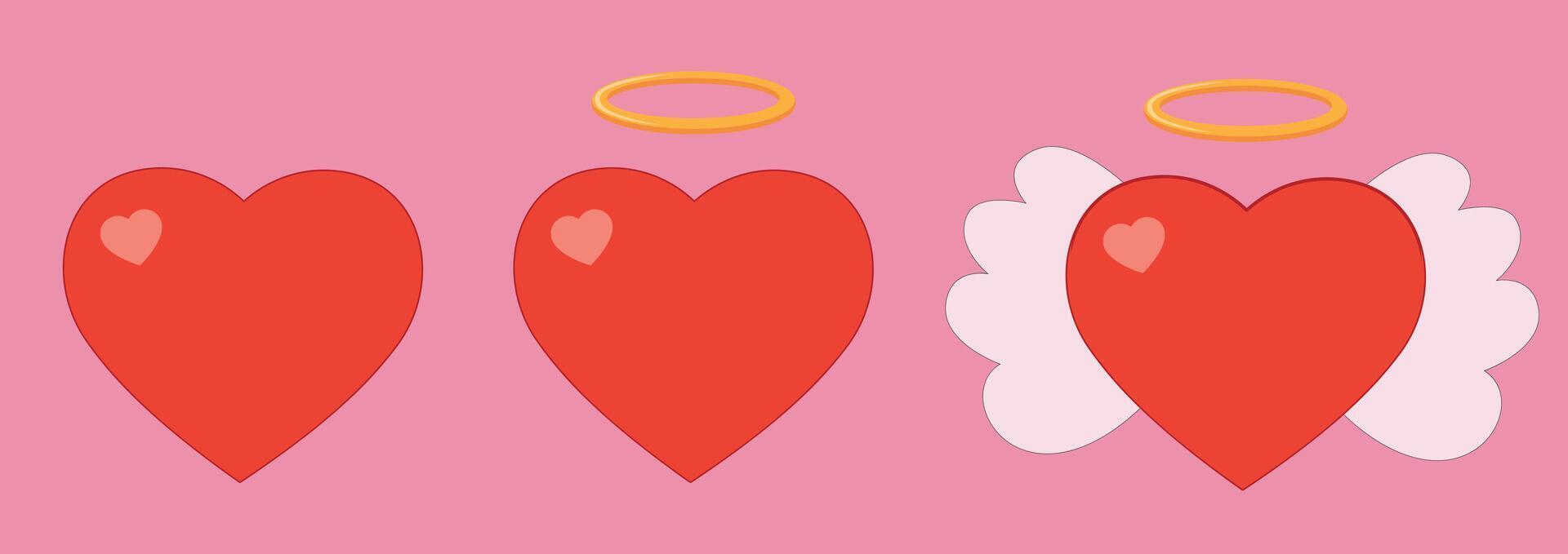 Set Valentines heart. Playful heart illustration with angelic halo and wings on pink background, symbolizing love and purity. vector