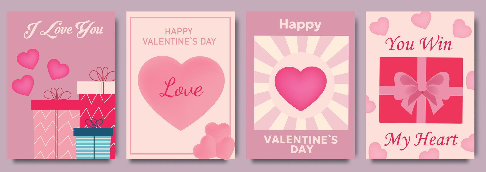Minimalistic Happy Valentine's Day greeting card set. Valentine's Day greeting card set with love symbols, calendar, envelope and romantic messages on pink backgrounds. Design for poster, flyer, cover vector