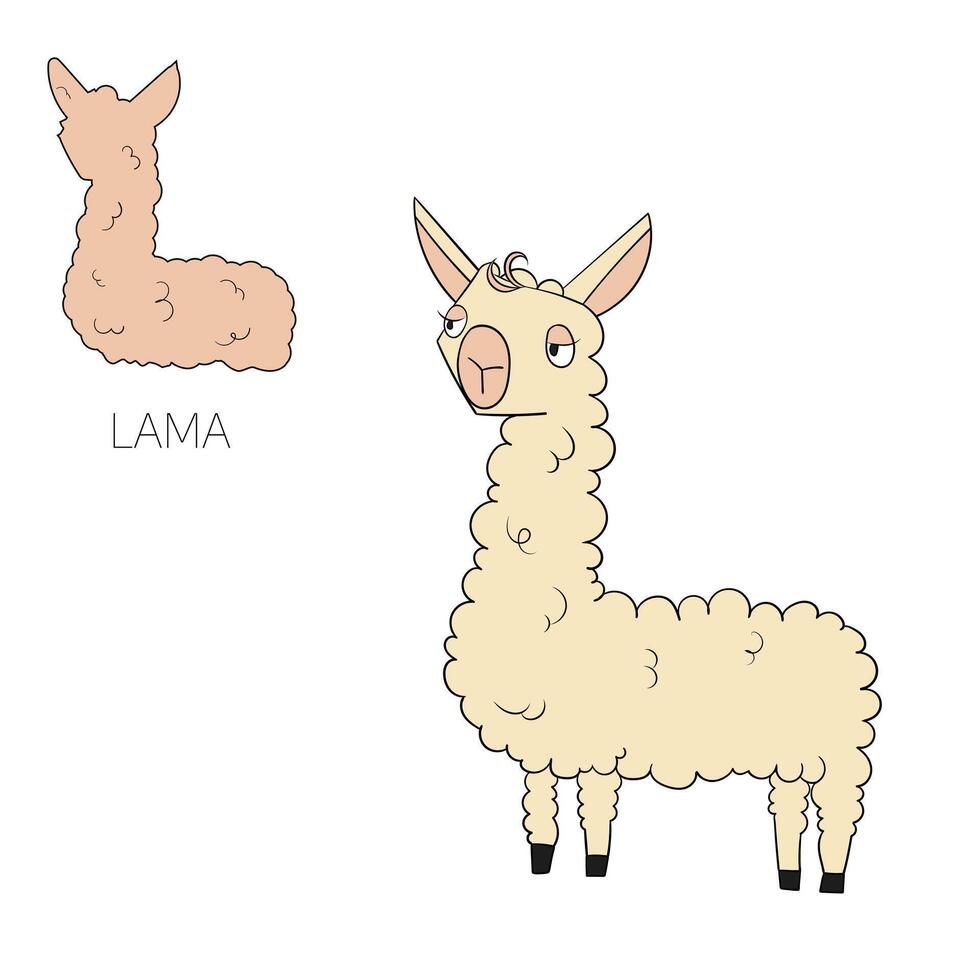 Alphabet letter L lama children doodle cartoon hand drawn illustration vector
