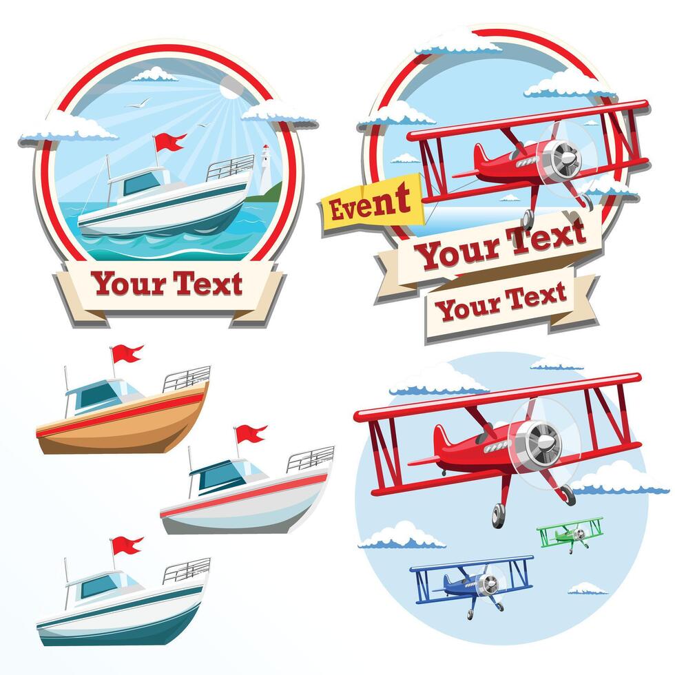Plane and boat summer time emblem logo illustration vector