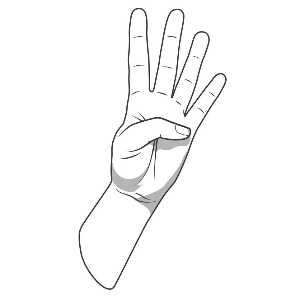 Palm hand number four gesture black and white color illustration vector