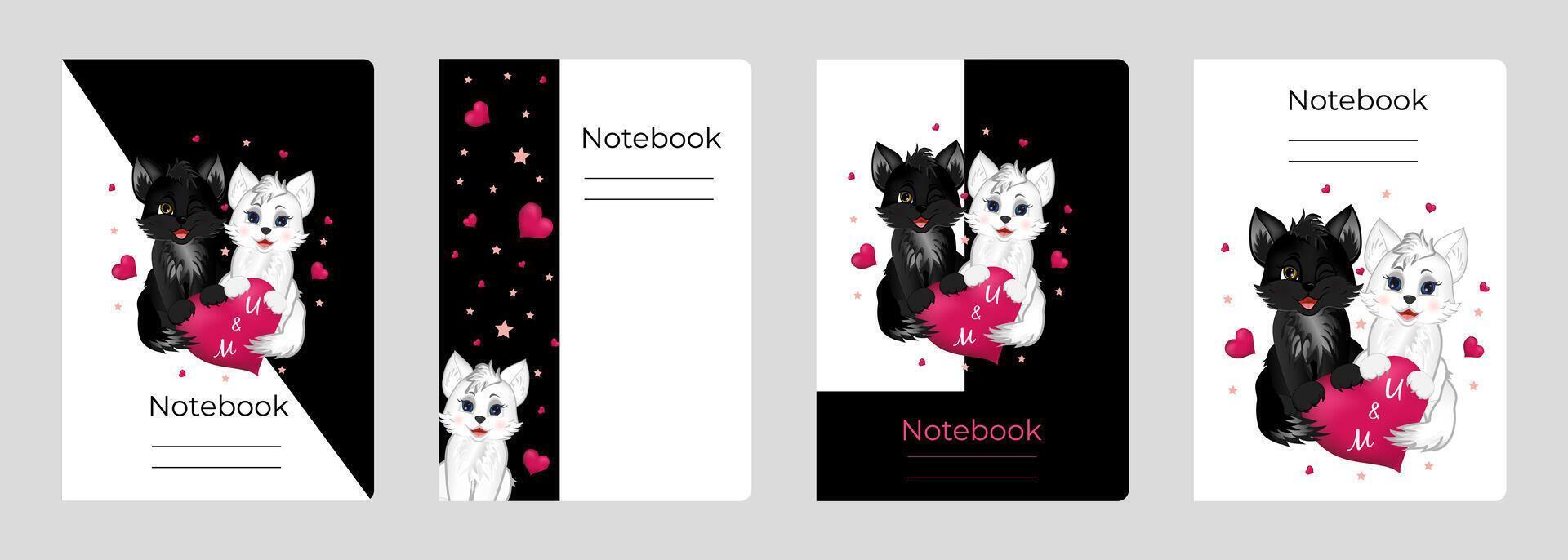 Set of cover designs for notebook, notepad, book, catalog with black and white cats. Vertical format A4,A5. vector