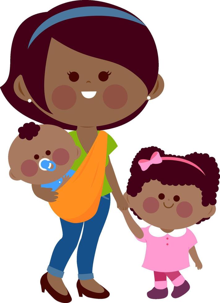 Happy mother with her children carrying her baby in a baby sling. Cartoon black family, parent mom with kids, toddler girl and baby boy. vector