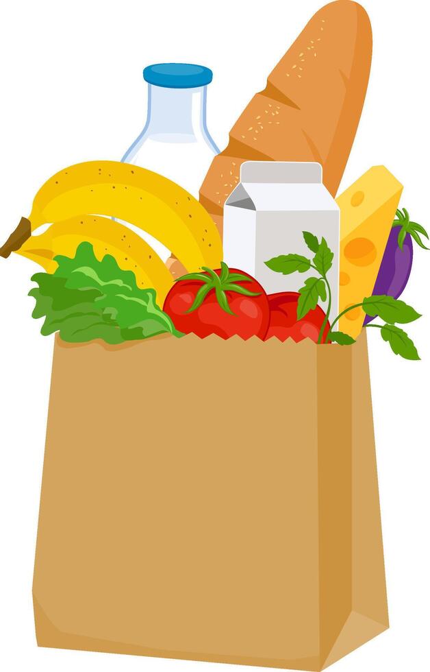 Paper bag with groceries from the grocery store. Shopping bag with collection of different products. Milk, bread, fruits, vegetables and cheese. Supermarket healthy organic food. vector