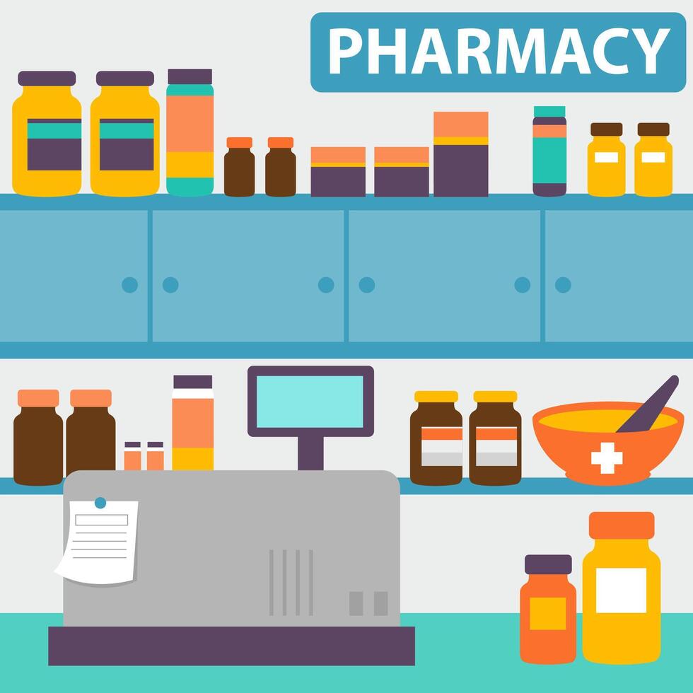 Pharmacy interior with cash register on the counter and shelves with medicines. Drugstore medical background with bottles of pills and prescription drugs. vector