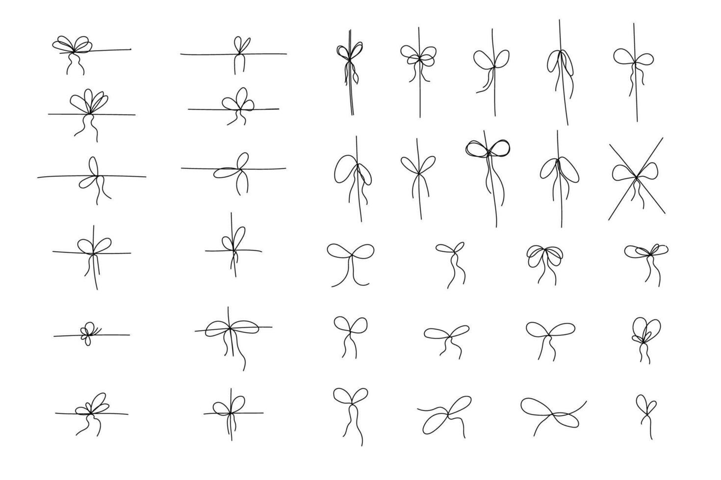 Simple bows on ribbon thin line, Bowknot for package. Set gift ribbon, doodle stroke minimal decoration. Present, package rope, wedding elements vector