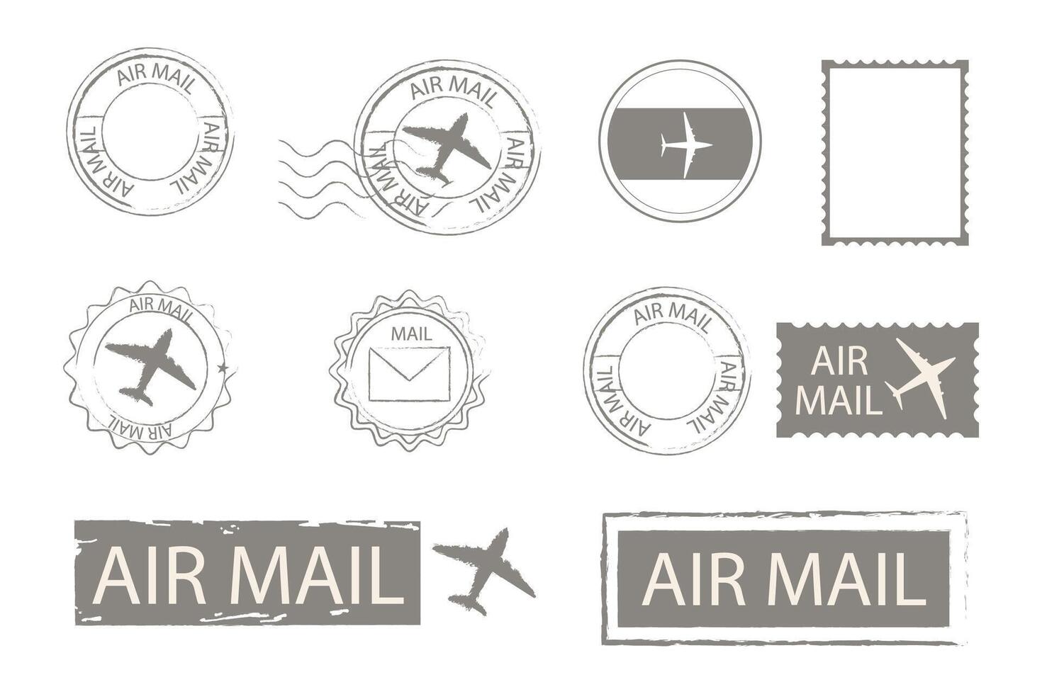 Air mail set blank postal stamps and marks. Retro Vintage postage card decorations. Blank template. Airmail text, plane collection. vector