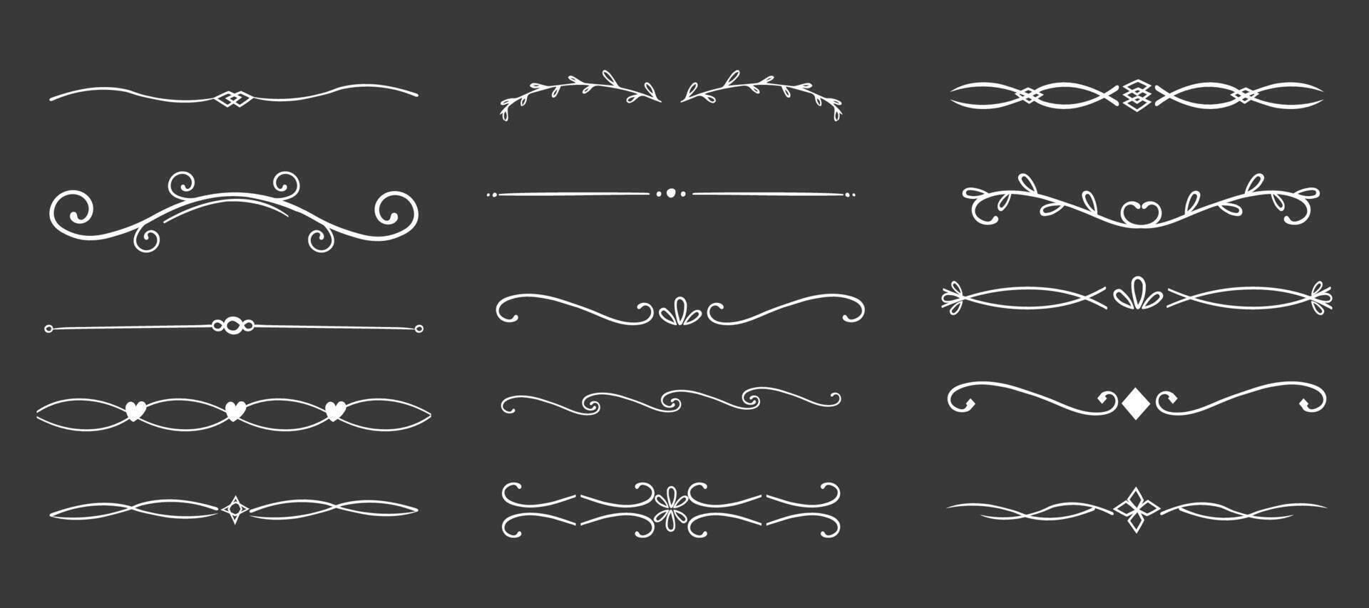 Swirl line chalk divider, doodle decorative fancy ornament border, simple hand drawn frame. Retro curve set flourish thin decorations. vector