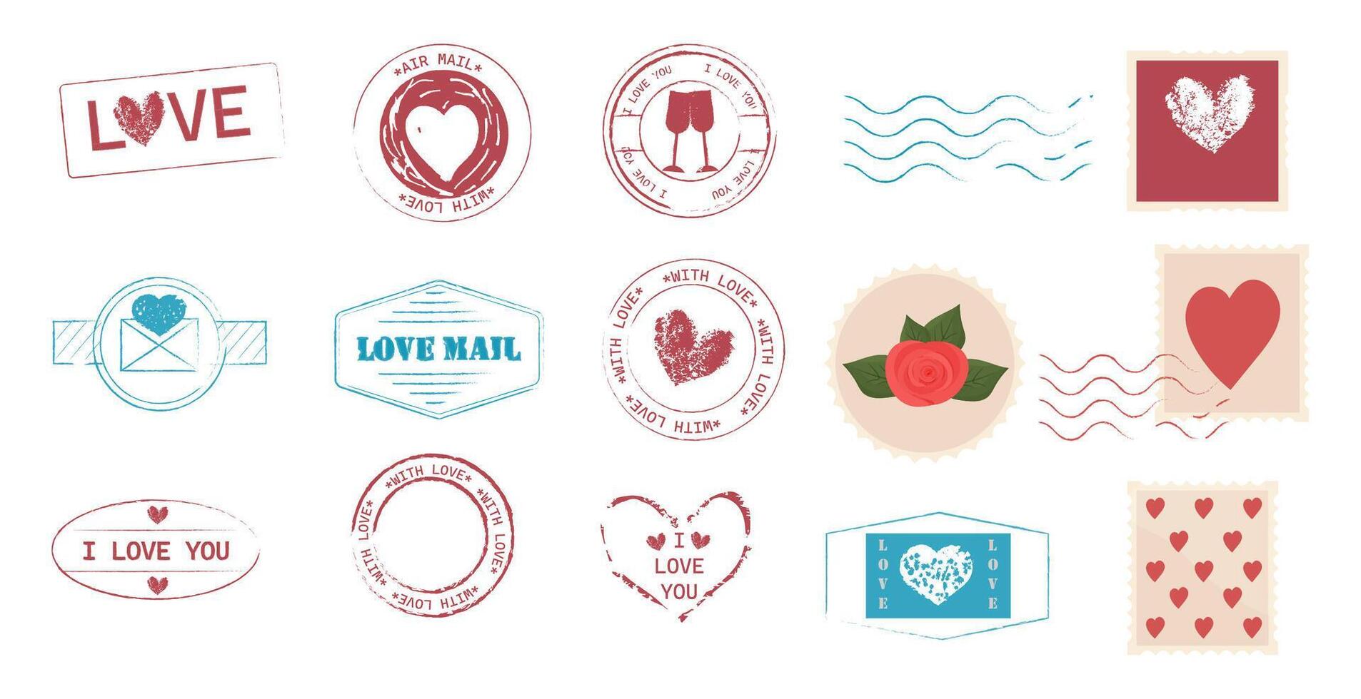 Set Love stamp, romantic mail, postage. Retro Valentine, wedding grunge print. Textured post card decoration. Heart stamp. vector