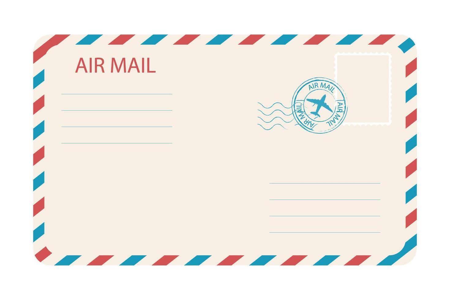 Air mail envelope with spriped border, stamp and mark. Retro Vintage postage card. Blank template with stamp. Airmail frame vector