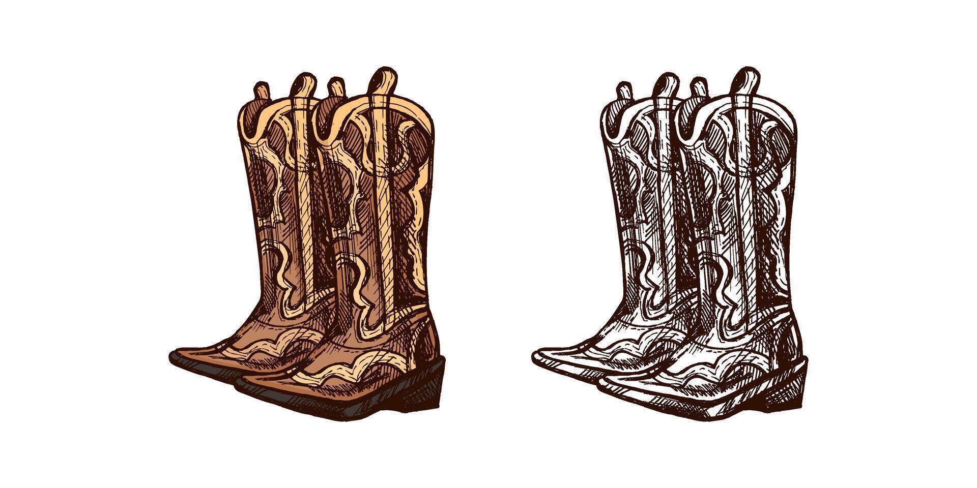 Hand-drawn colored and monochrome sketch of leather boots. Vintage drawing of Latin American national shoes. black ink outline illustration. Mexican culture. Latin America. vector