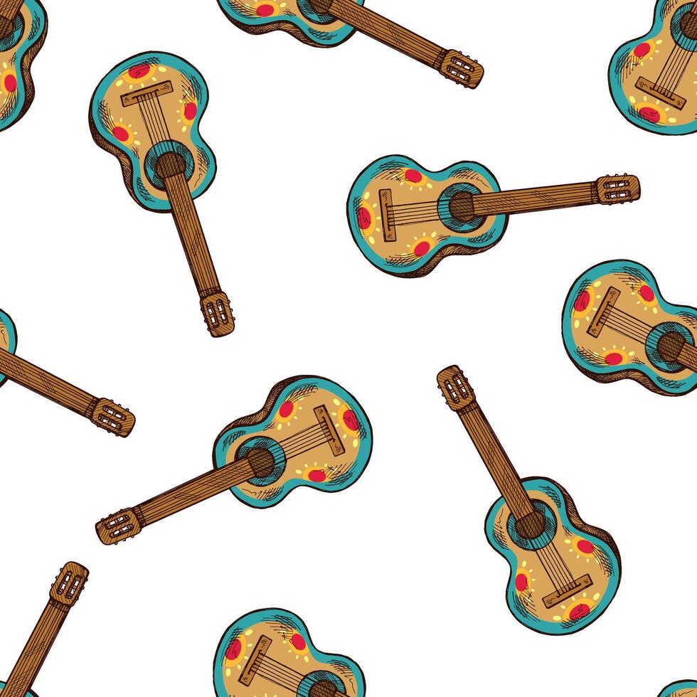 Hand-drawn colored seamless pattern of guitar. Vintage drawing of national musical instrument. black ink outline illustration. Latin America. vector
