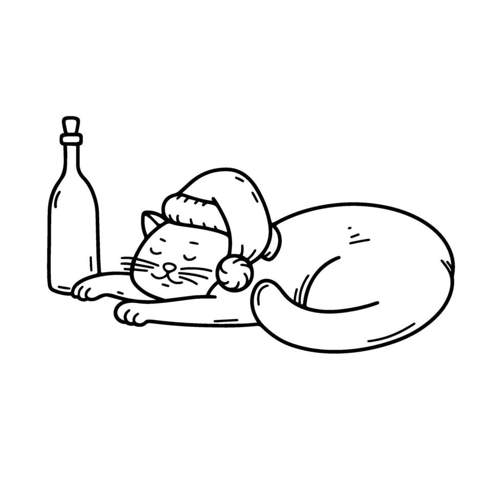 Drunk cat is lying with bottle of wine. Merry Christmas funny Doodle illustration. Festive greeting postcard. outline icon. vector