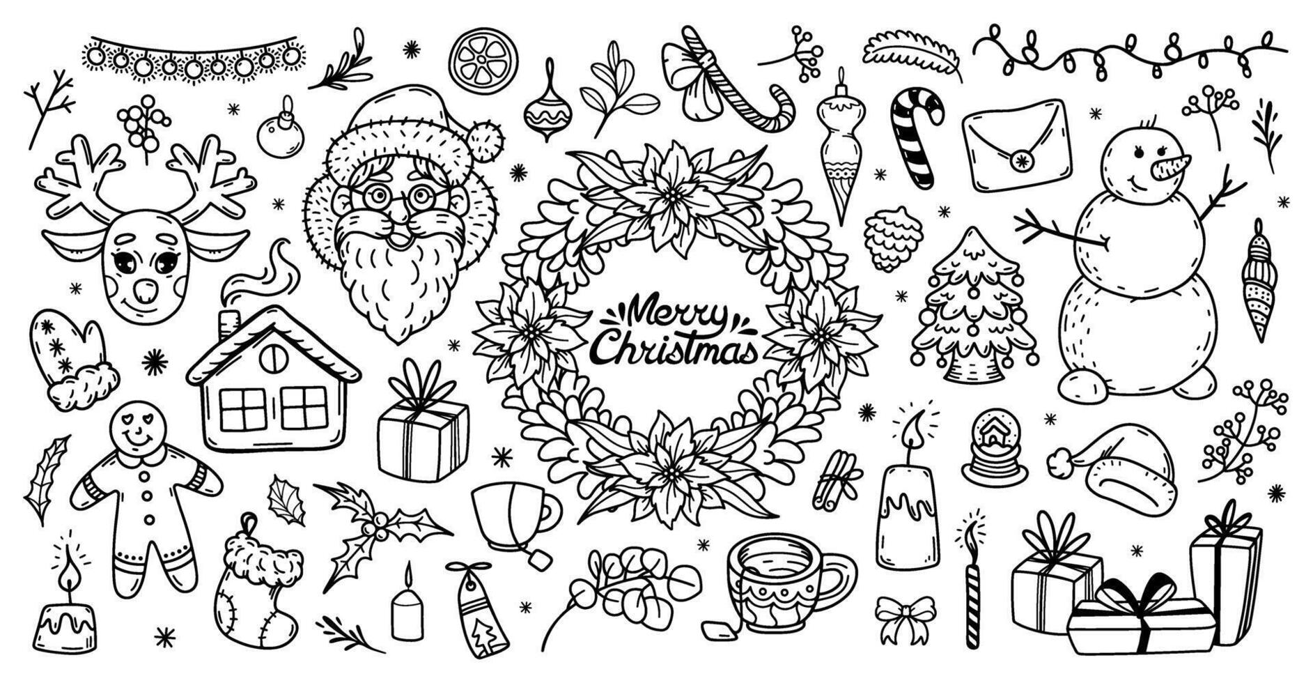 Merry Christmas doodle set. Festive outline Holiday Illustrations Featuring Santa, Snowman, Gifts, Trees and More. Hand Drawn new year collection. Winter design doodle elements in line art style. vector