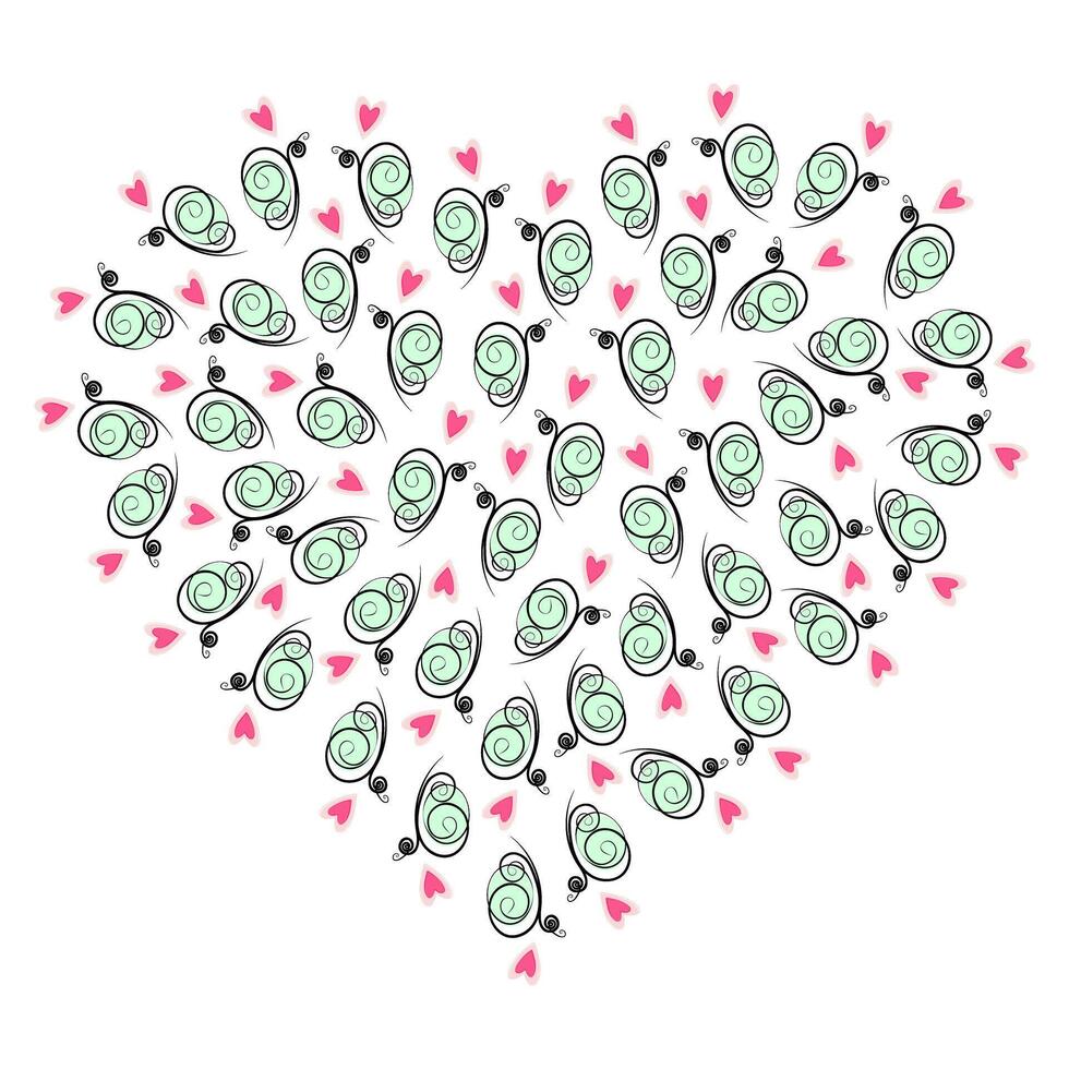 Butterflies and hearts Heart shaped decorative background texture in trendy soft pink and green. Isolated illustration Cards, poster, leaflets, banner, brochures, greetings, label or web promo vector