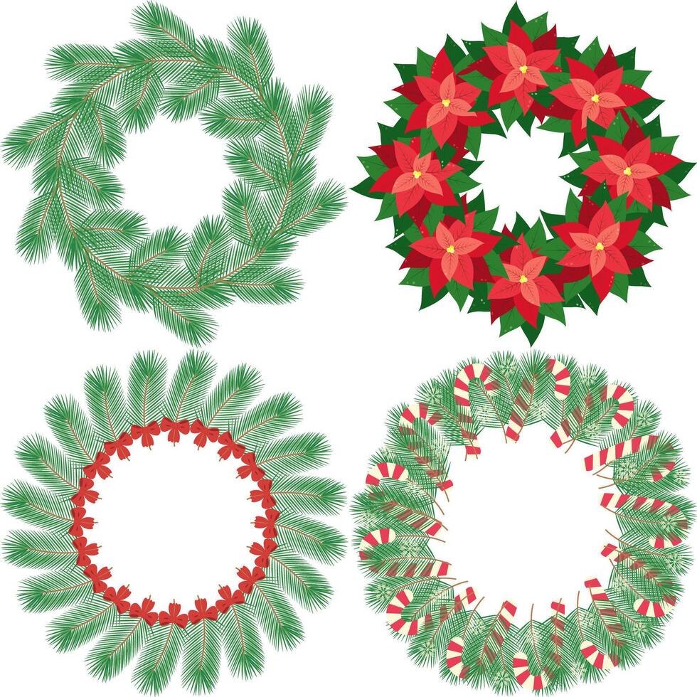 Poinsettia, Pine twigs with festive decoration and with out. Christmas and New Year wreaths Set of 4. Copy space Template. Isolated illustration Cards, posters, leaflet, banner, greeting or web vector