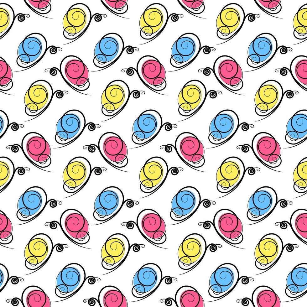 Stylized butterflies with spots in trendy marker colors blue, yellow and pink Seamless pattern idea. Isolated illustration Wrapping or web promo backdrop, cards poster, banner, greeting, label vector