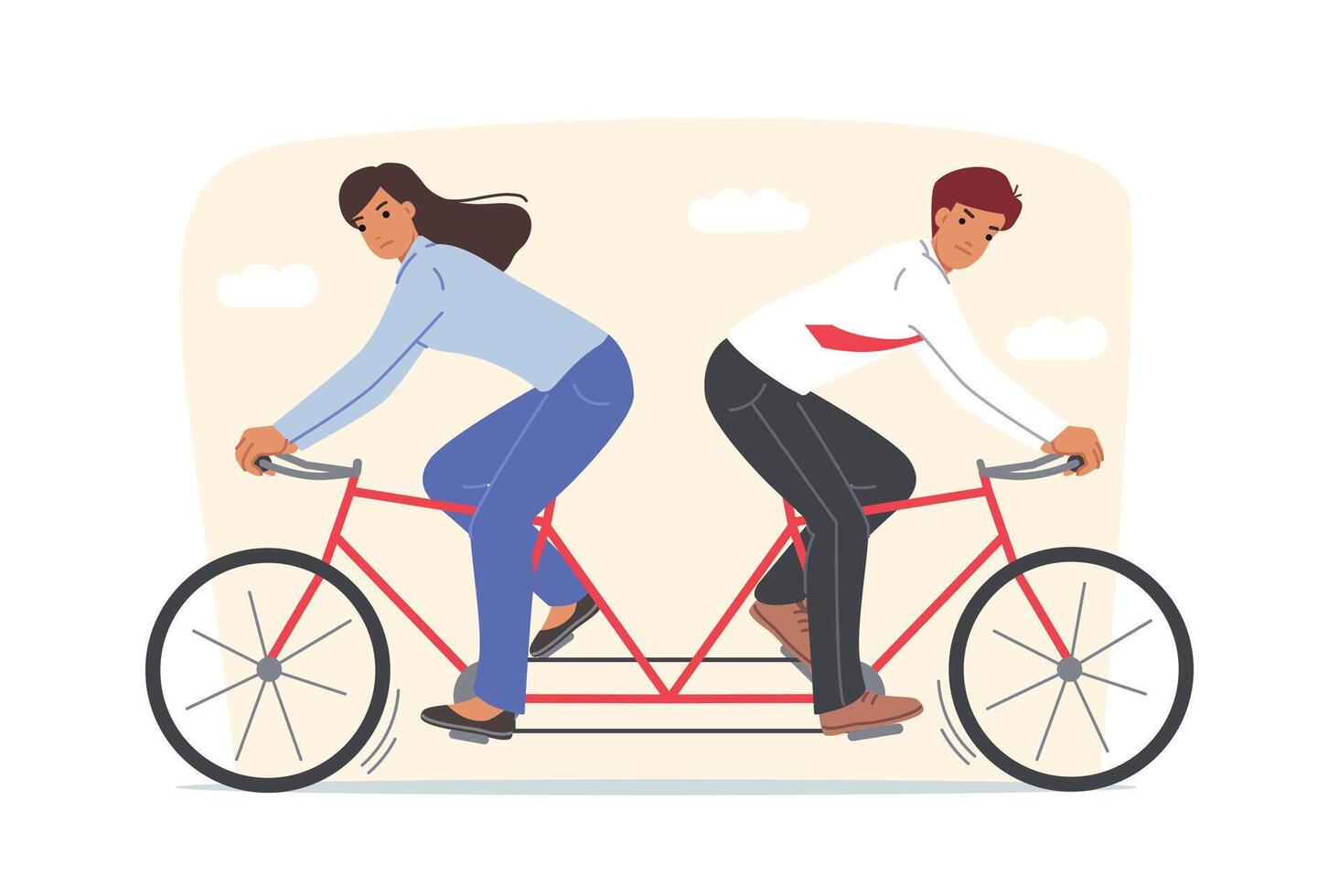 Disagreement among business partners who drive same bicycle and steer in different directions vector