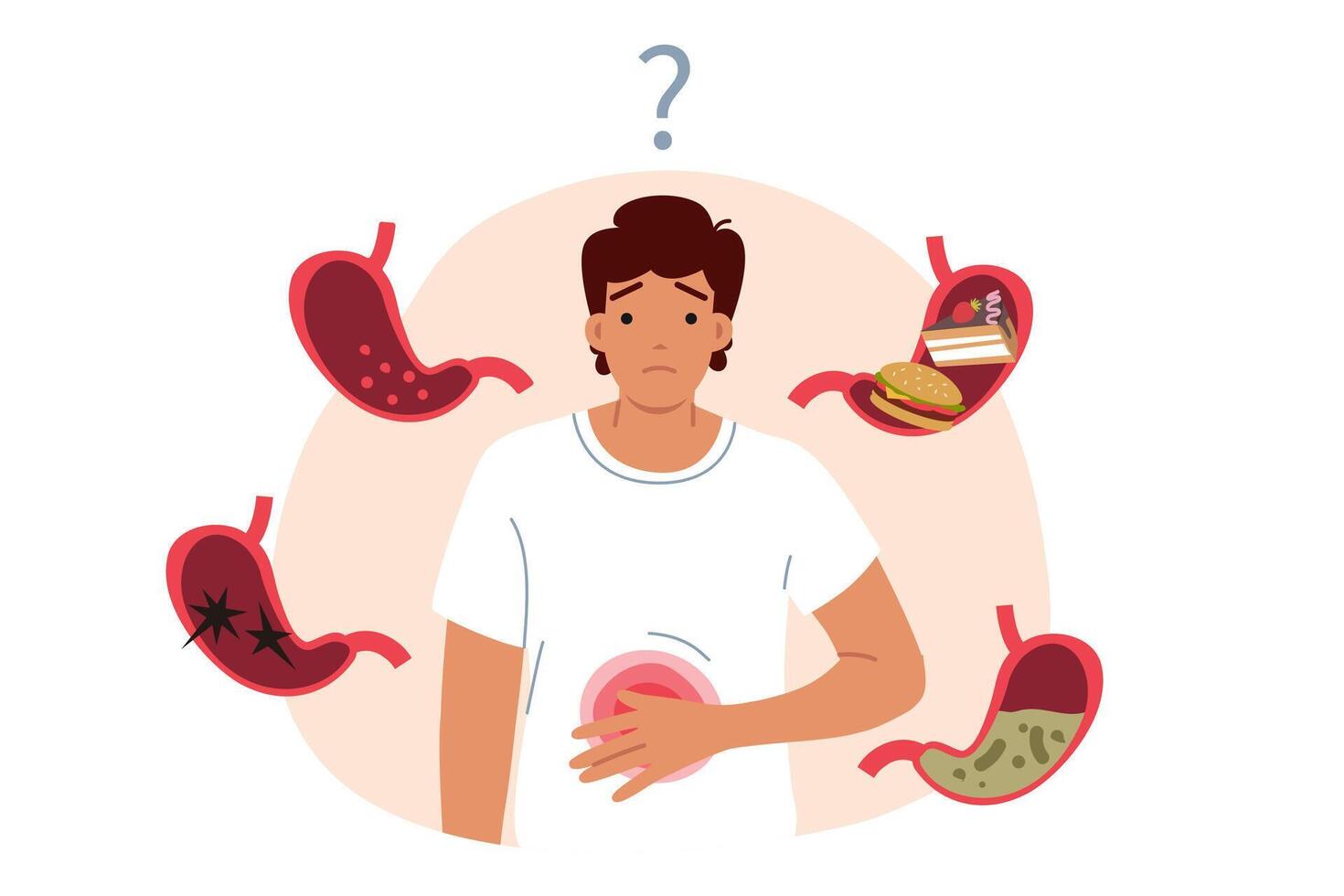 Digestive problems in man standing among stomachs are caused by unknown reasons. vector