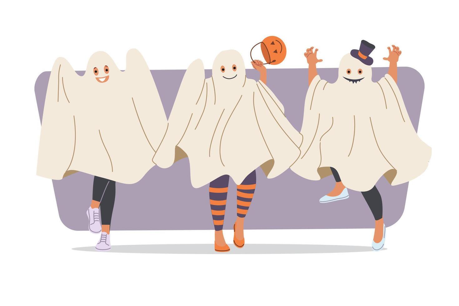 Halloween party for kids using white sheets to pretend to be ghosts and demand treats or treating vector
